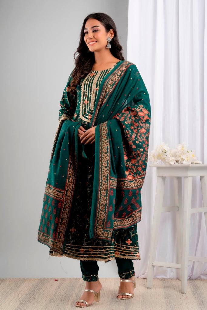 Women's Green Viscose Rayon Floral Suit Set - Wahe-NOOR - Indiakreations