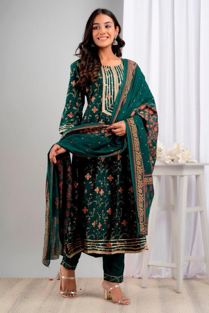 Women's Green Viscose Rayon Floral Suit Set - Wahe-NOOR - Indiakreations