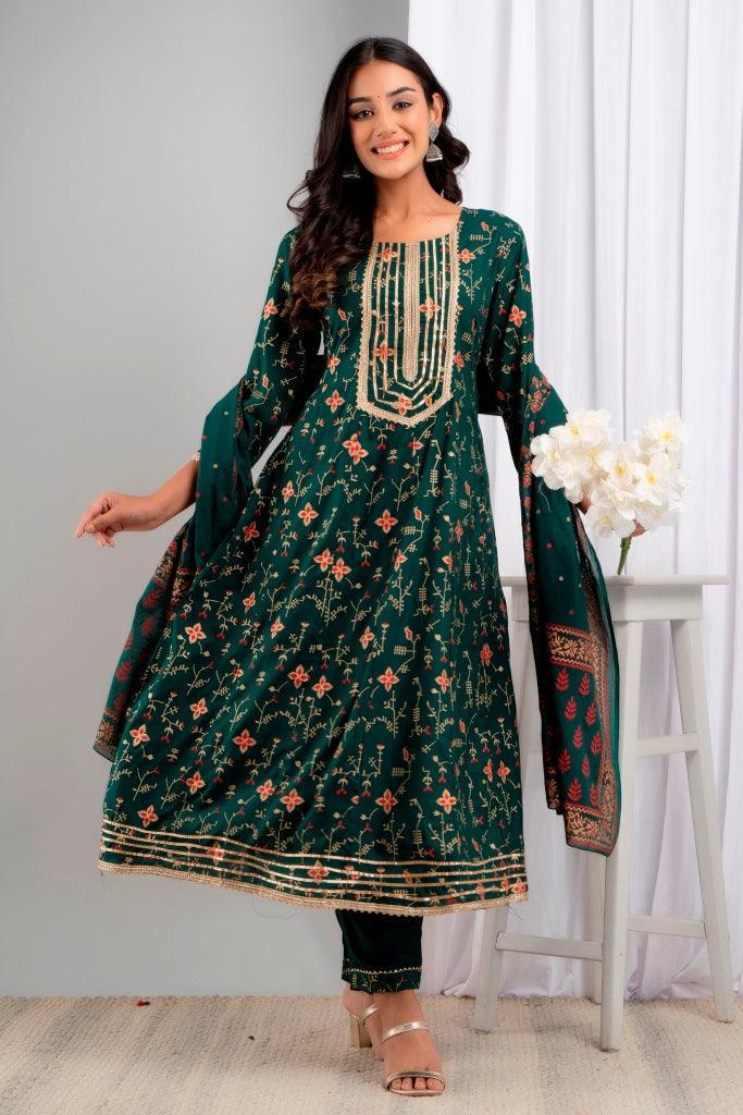 Women's Green Viscose Rayon Floral Suit Set - Wahe-NOOR - Indiakreations