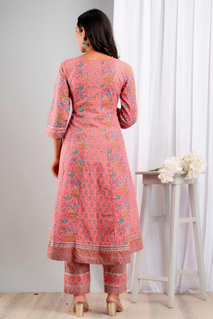 Women's Pink Pure Cotton Floral Suit Set - Wahe-NOOR - Indiakreations