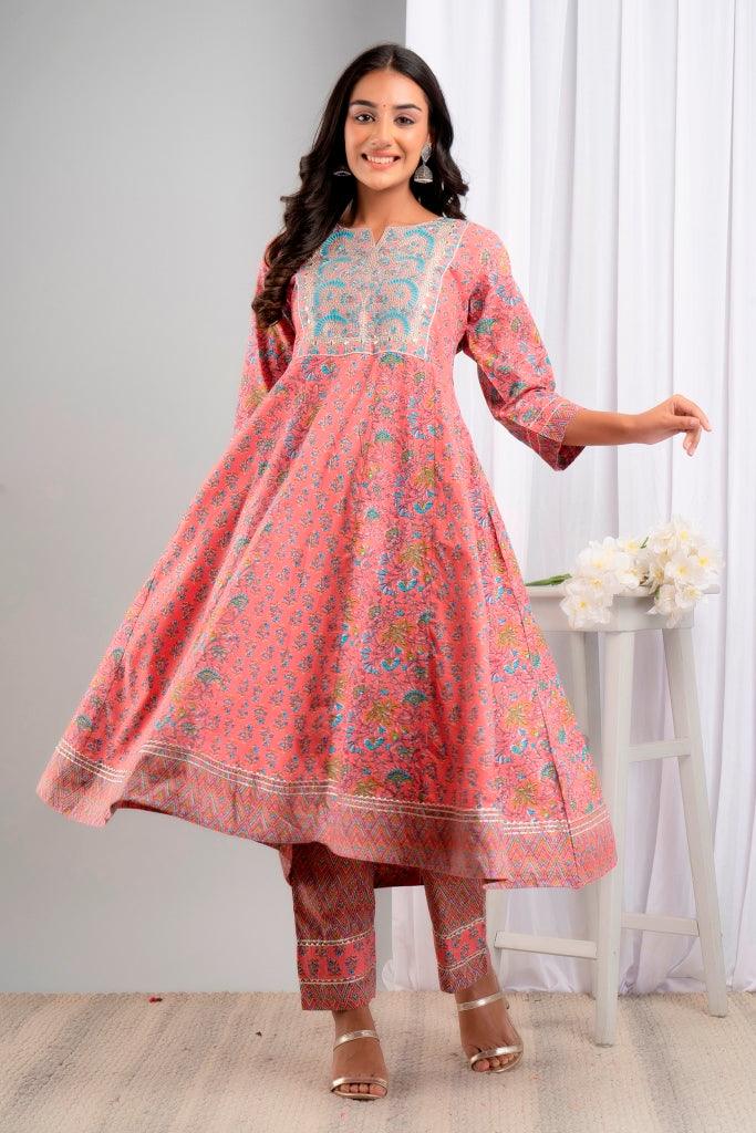 Women's Pink Pure Cotton Floral Suit Set - Wahe-NOOR - Indiakreations