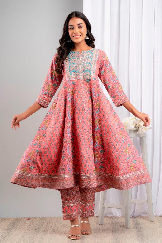 Women's Pink Pure Cotton Floral Suit Set - Wahe-NOOR - Indiakreations