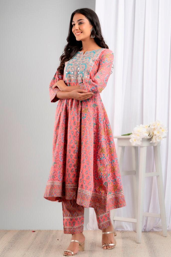 Women's Pink Pure Cotton Floral Suit Set - Wahe-NOOR - Indiakreations