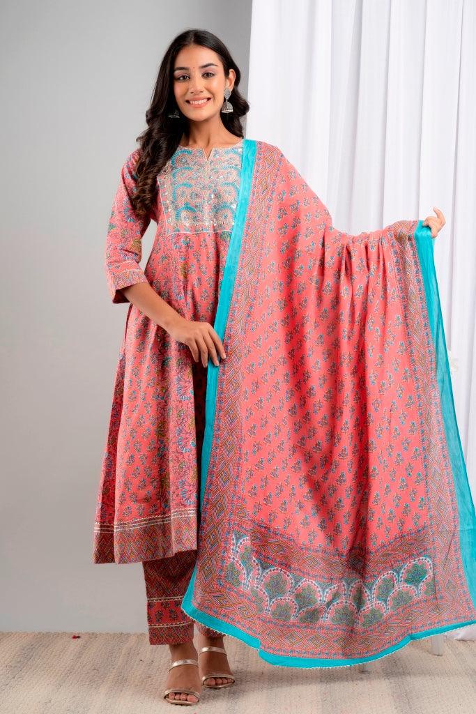 Women's Pink Pure Cotton Floral Suit Set - Wahe-NOOR - Indiakreations