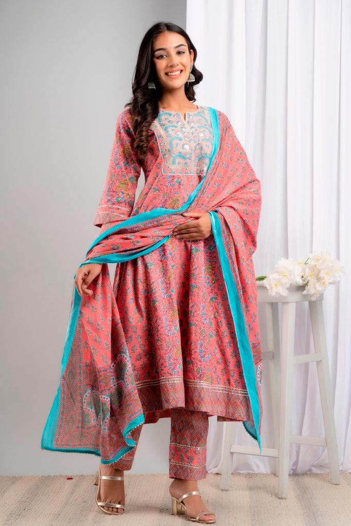 Women's Pink Pure Cotton Floral Suit Set - Wahe-NOOR - Indiakreations