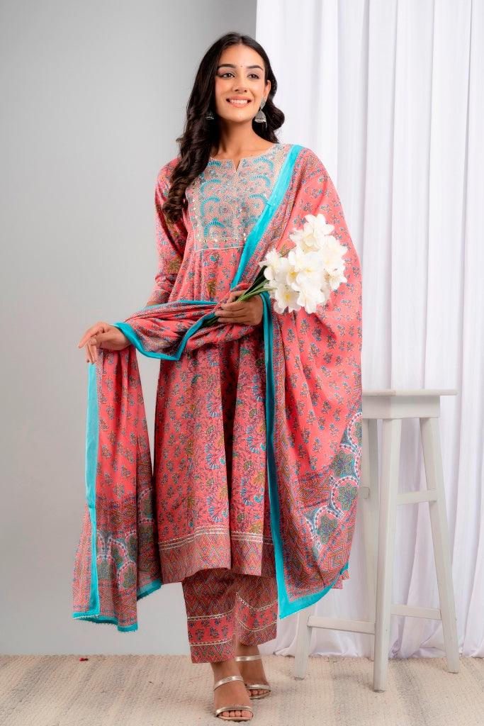 Women's Pink Pure Cotton Floral Suit Set - Wahe-NOOR - Indiakreations