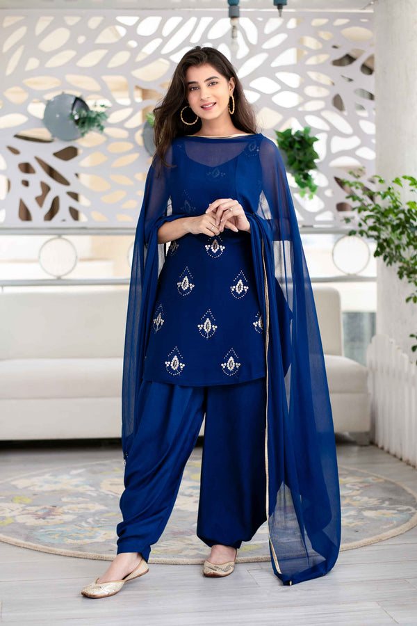 Women's Deep Blue Patiala Set (3pcs set) - Label Shaurya Sanadhya