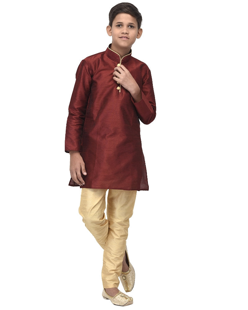 Boy's Maroon Solid Kurta With Gold Churidaar Pyjama - Benstoke KIDS