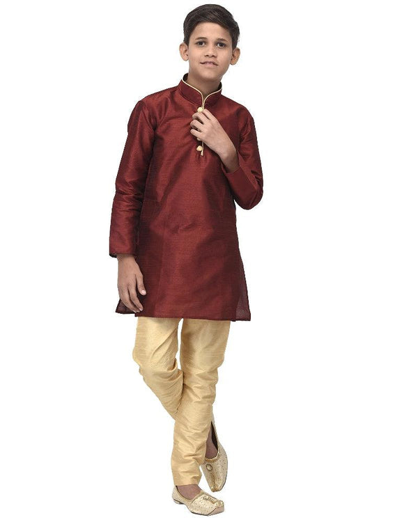 Boy's Maroon Solid Kurta With Gold Churidaar Pyjama - Benstoke KIDS - Indiakreations