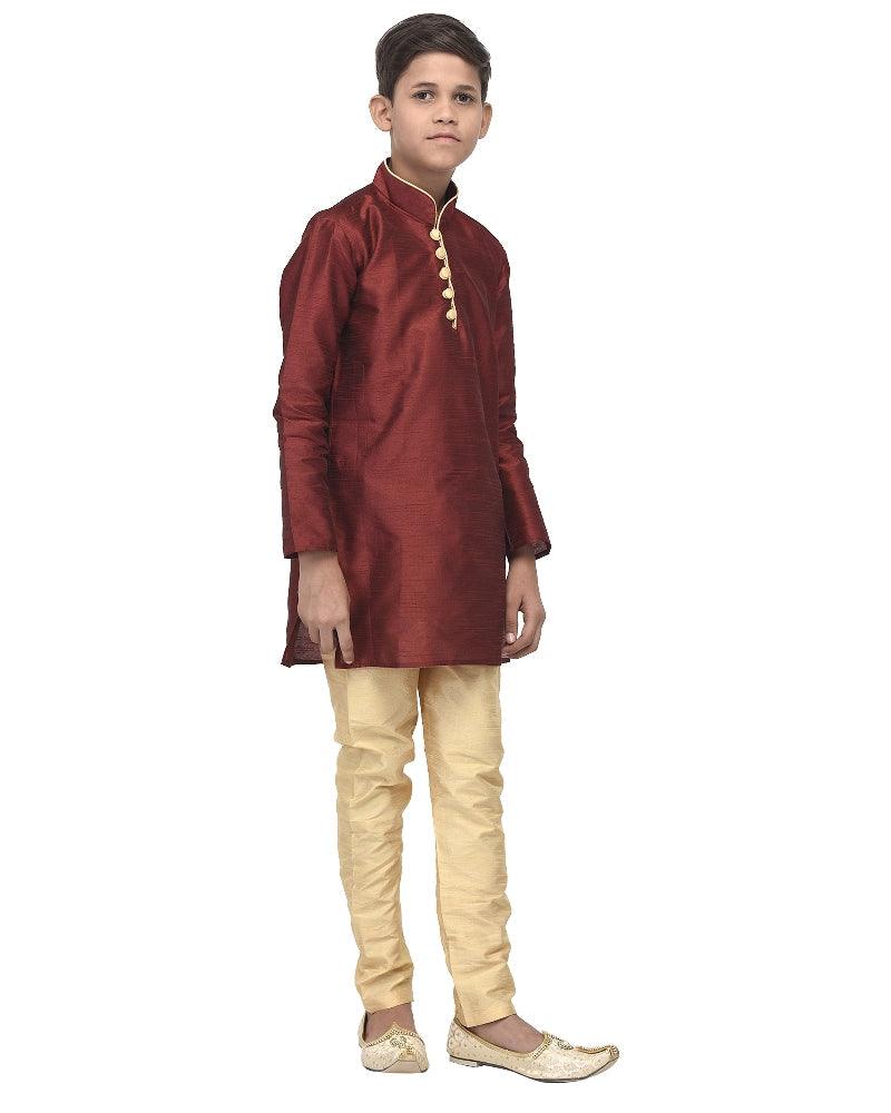 Boy's Maroon Solid Kurta With Gold Churidaar Pyjama - Benstoke KIDS - Indiakreations