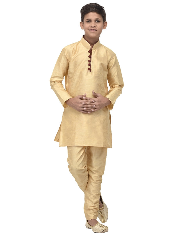 Boy's Gold Solid Kurta With Churidaar Pyjama - Benstoke KIDS