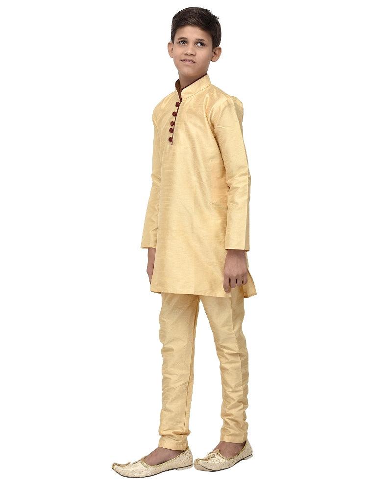 Boy's Gold Solid Kurta With Churidaar Pyjama - Benstoke KIDS - Indiakreations