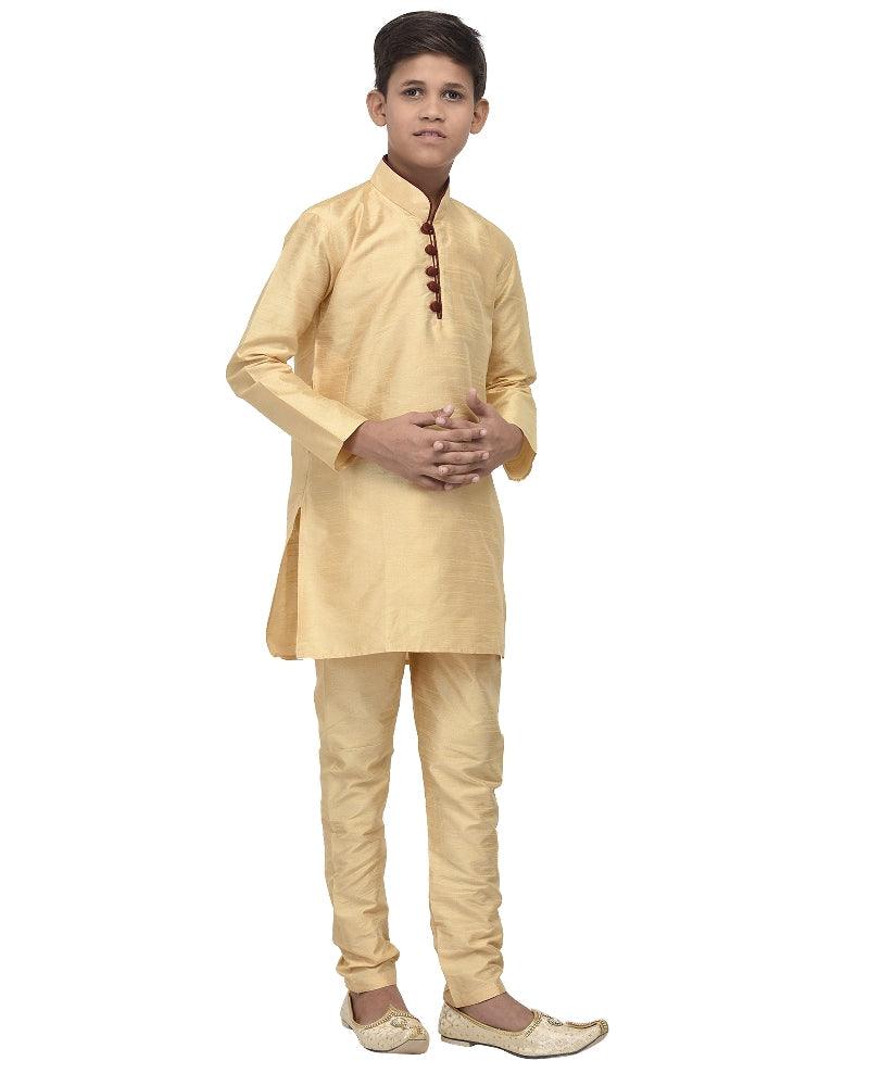 Boy's Gold Solid Kurta With Churidaar Pyjama - Benstoke KIDS - Indiakreations