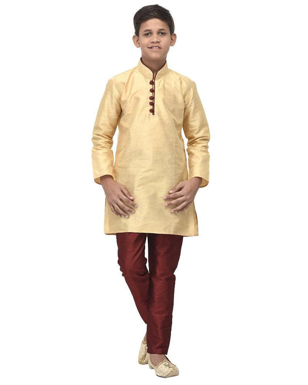 Boy's Gold Solid Kurta With Maroon Churidaar Pyjama - Benstoke KIDS - Indiakreations