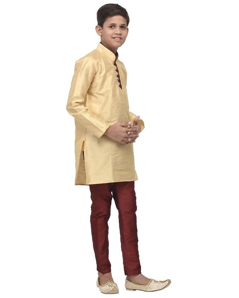 Boy's Gold Solid Kurta With Maroon Churidaar Pyjama - Benstoke KIDS - Indiakreations