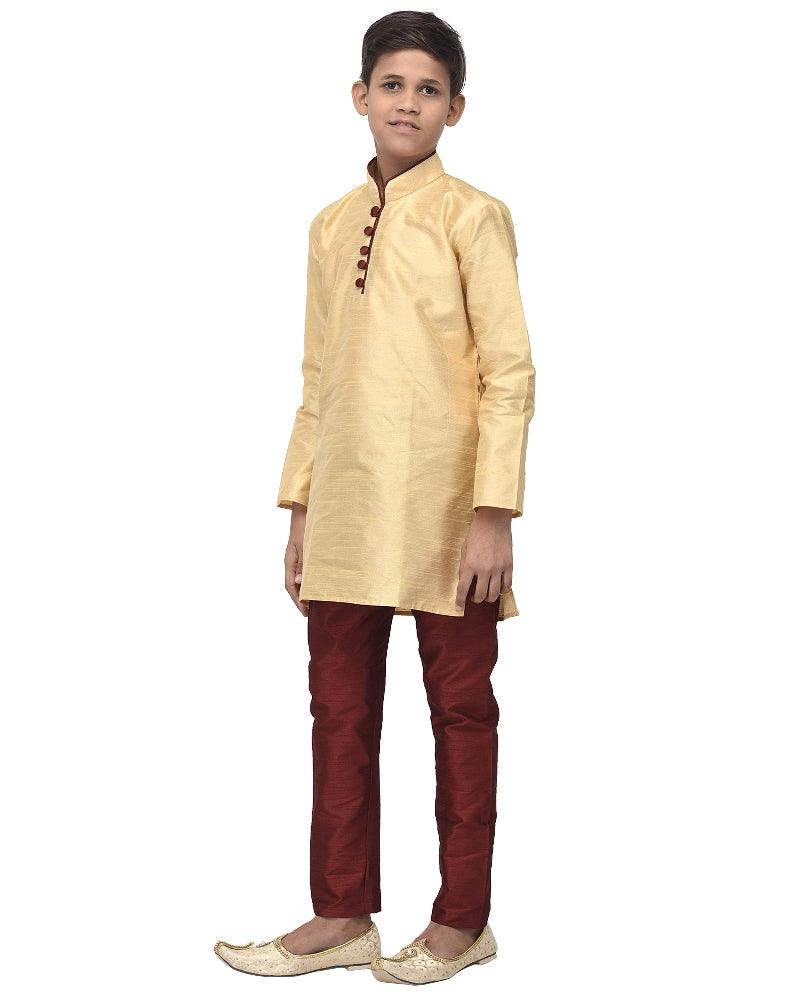 Boy's Gold Solid Kurta With Maroon Churidaar Pyjama - Benstoke KIDS - Indiakreations