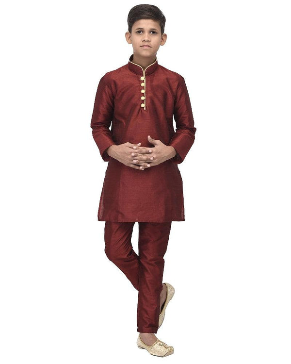 Boy's Maroon Solid Kurta With Churidaar Pyjama - Benstoke KIDS - Indiakreations