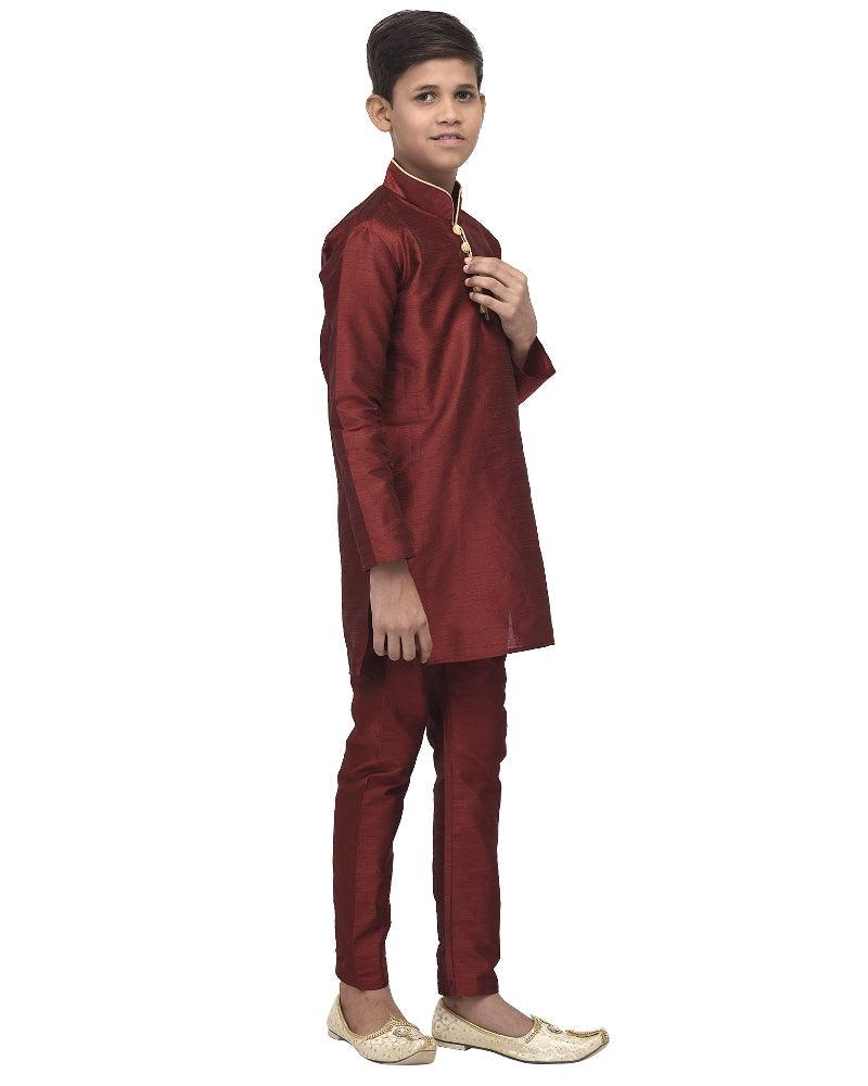 Boy's Maroon Solid Kurta With Churidaar Pyjama - Benstoke KIDS - Indiakreations