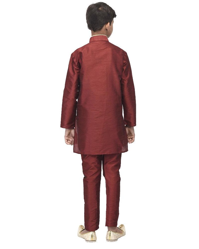 Boy's Maroon Solid Kurta With Churidaar Pyjama - Benstoke KIDS - Indiakreations