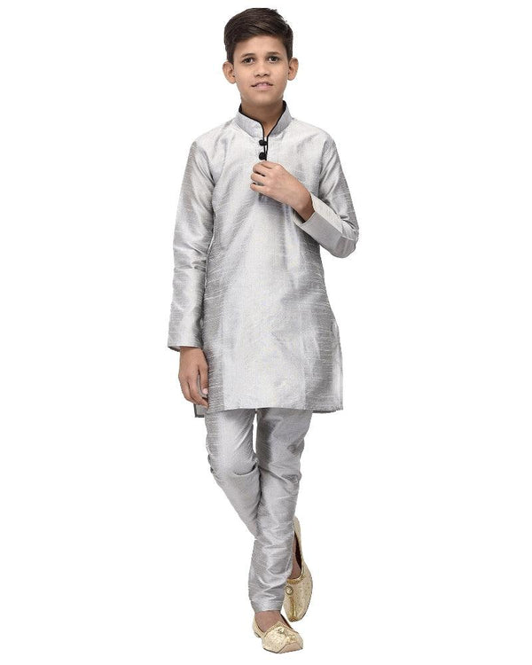 Boy's Grey Solid Kurta With Churidaar Pyjama - Benstoke KIDS - Indiakreations