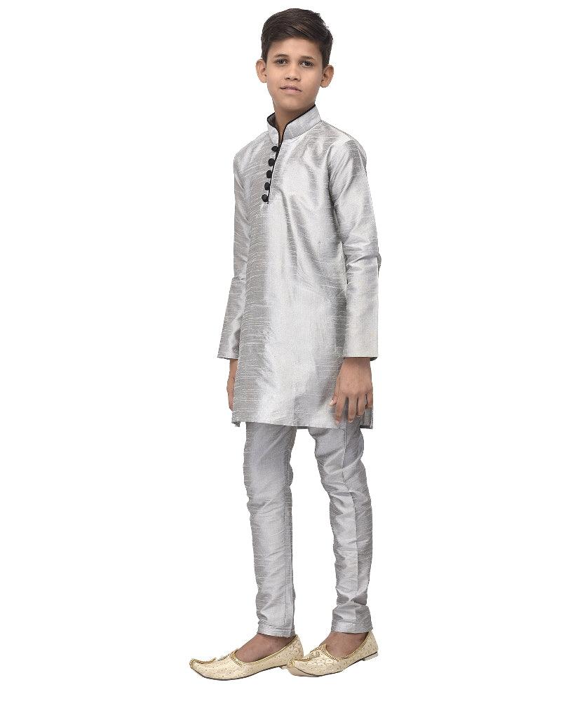 Boy's Grey Solid Kurta With Churidaar Pyjama - Benstoke KIDS - Indiakreations