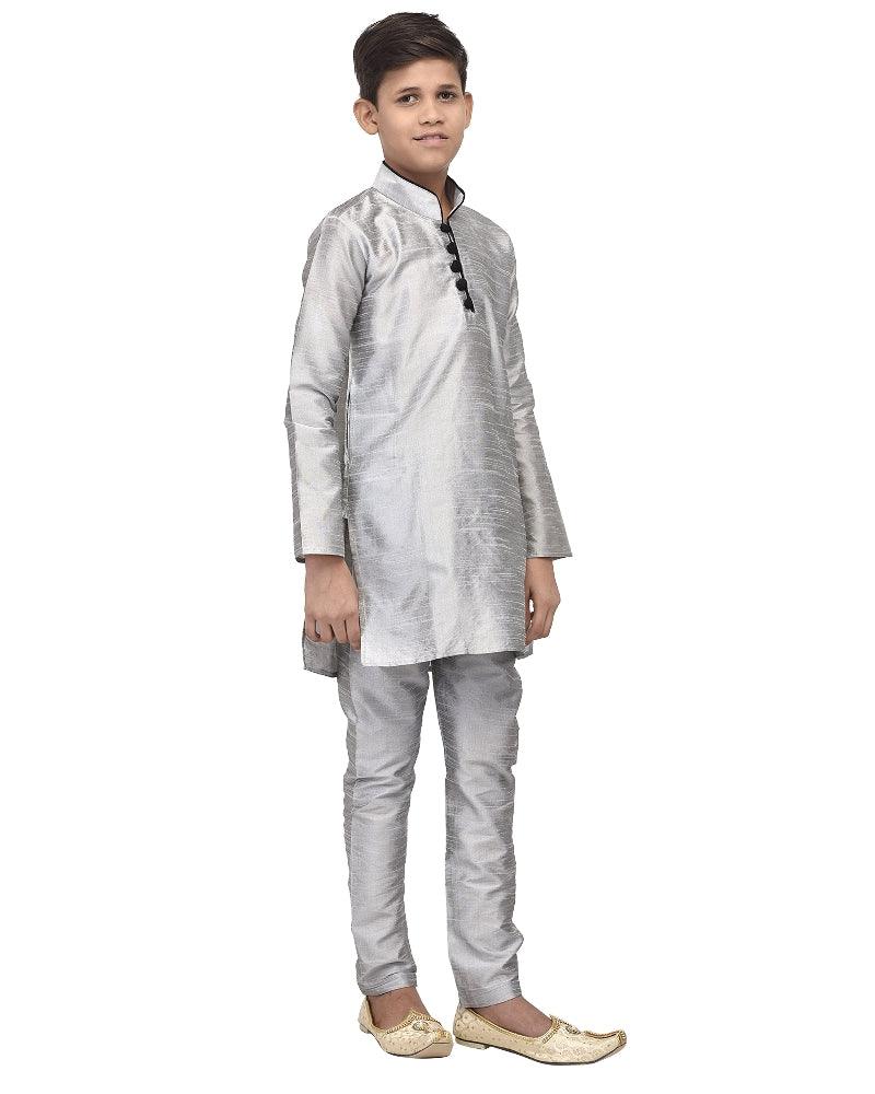 Boy's Grey Solid Kurta With Churidaar Pyjama - Benstoke KIDS - Indiakreations