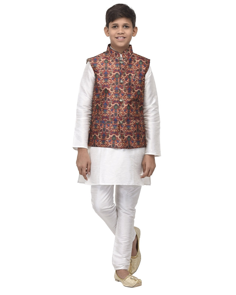 Boy's White Kurta Pyjama & Maroon Bandhani Printed Nehrujacket - Benstoke KIDS