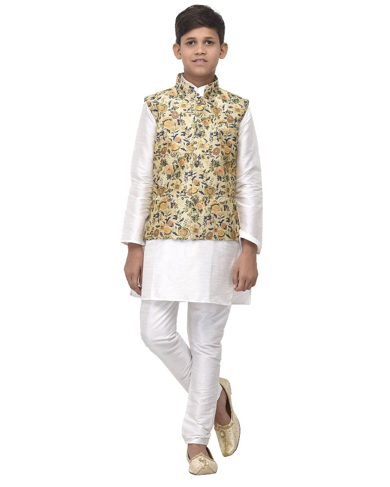 Boy's White Kurta Pyjama & Lime Green Printed Nehrujacket - Benstoke KIDS