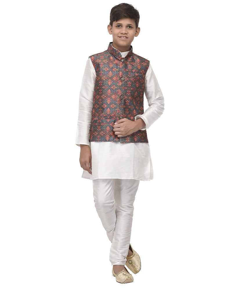 Boy's White Kurta Pyjama & Green Printed Nehrujacket - Benstoke KIDS