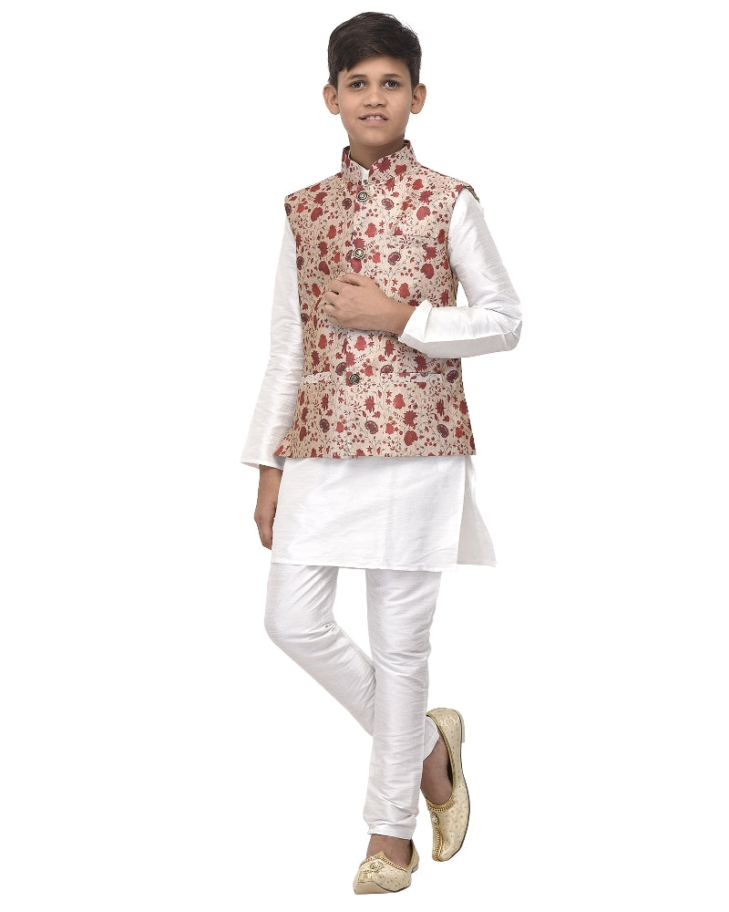 Boy's White Kurta Pyjama & Red Floral Printed Nehrujacket - Benstoke KIDS