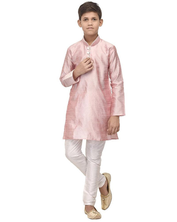 Boy's Pink Solid Kurta With White Churidaar Pyjama - Benstoke KIDS - Indiakreations