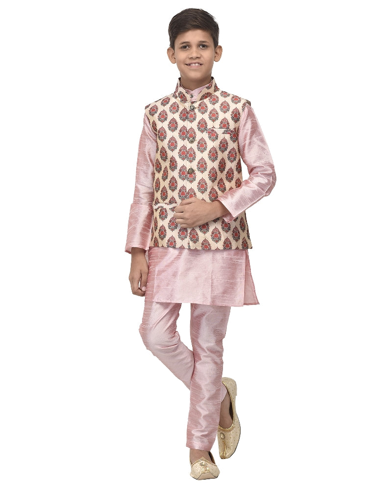 Boy's Pink Kurta Pyjama & Red Paisley Printed Nehrujacket - Benstoke KIDS