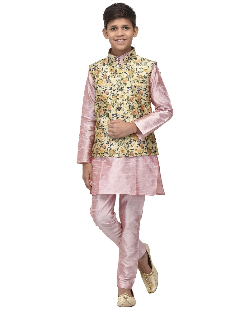 Boy's Pink Kurta Pyjama & Lime Green Floral Printed Nehrujacket - Benstoke KIDS