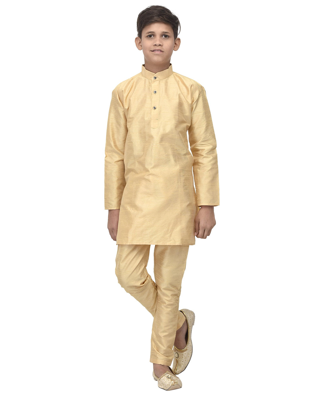 Boy's Gold Solid Kurta With Churidaar Pyjama - Benstoke KIDS