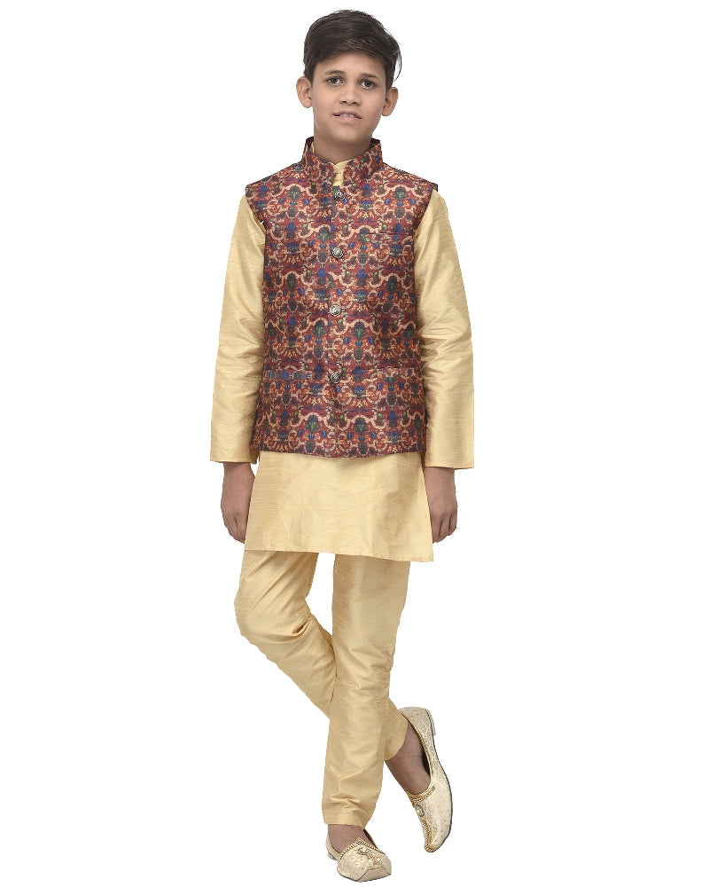 Boy's Gold Kurta Pyjama & Maroon Bandhai Print Nehru Jacket - Benstoke KIDS