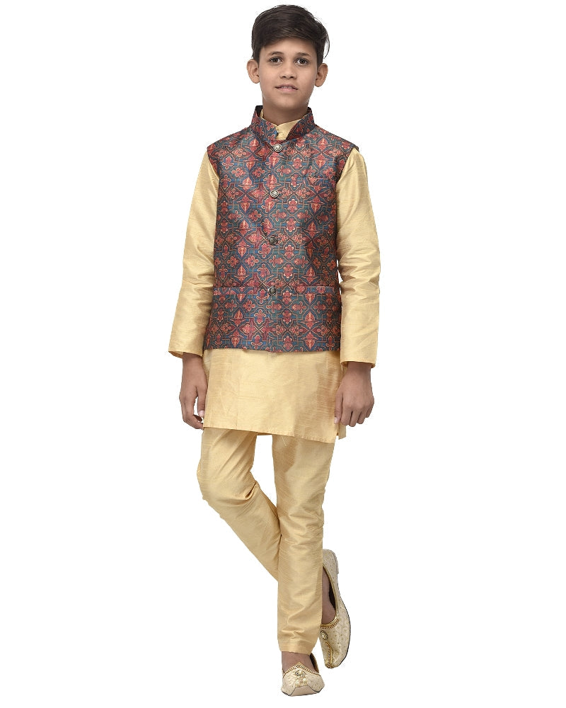 Boy's Gold Kurta Pyjama & Dark Green Floral Print Nehru Jacket - Benstoke KIDS