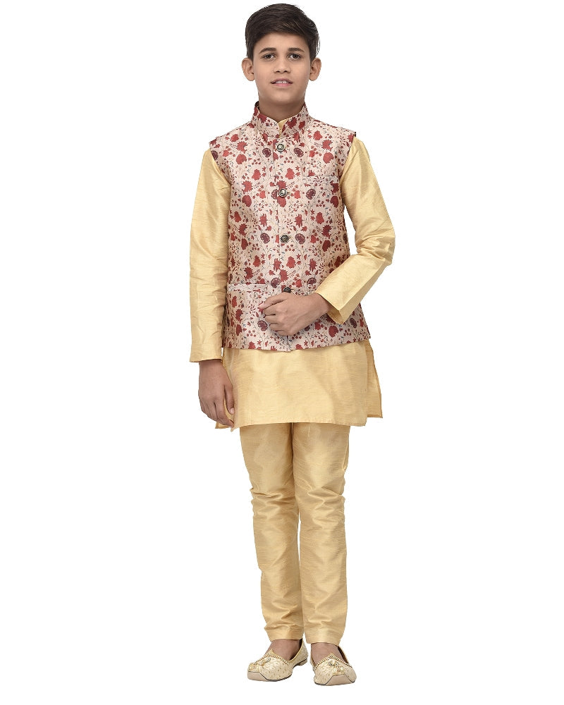 Boy's Gold Kurta Pyjama & Maroon Floral Print Nehru Jacket - Benstoke KIDS