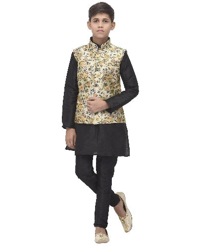 Boy's Black Kurta Pyjama & Green Floral Nehru Jacket - Benstoke KIDS