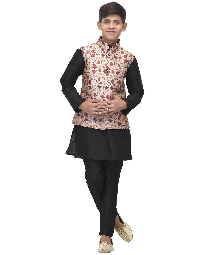 Boy's Black Kurta Pyjama & Red Floral Nehru Jacket - Benstoke KIDS