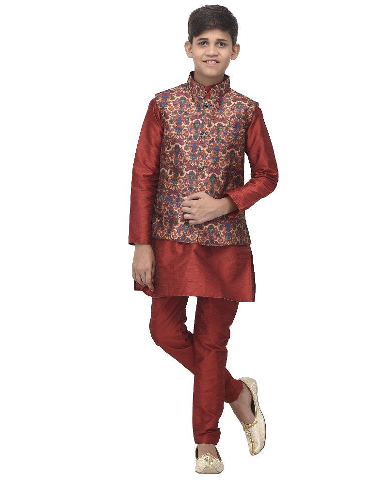 Boy's Maroon Kurta Pyjama & Maroon Bandhani Printed Nehrujacket - Benstoke KIDS