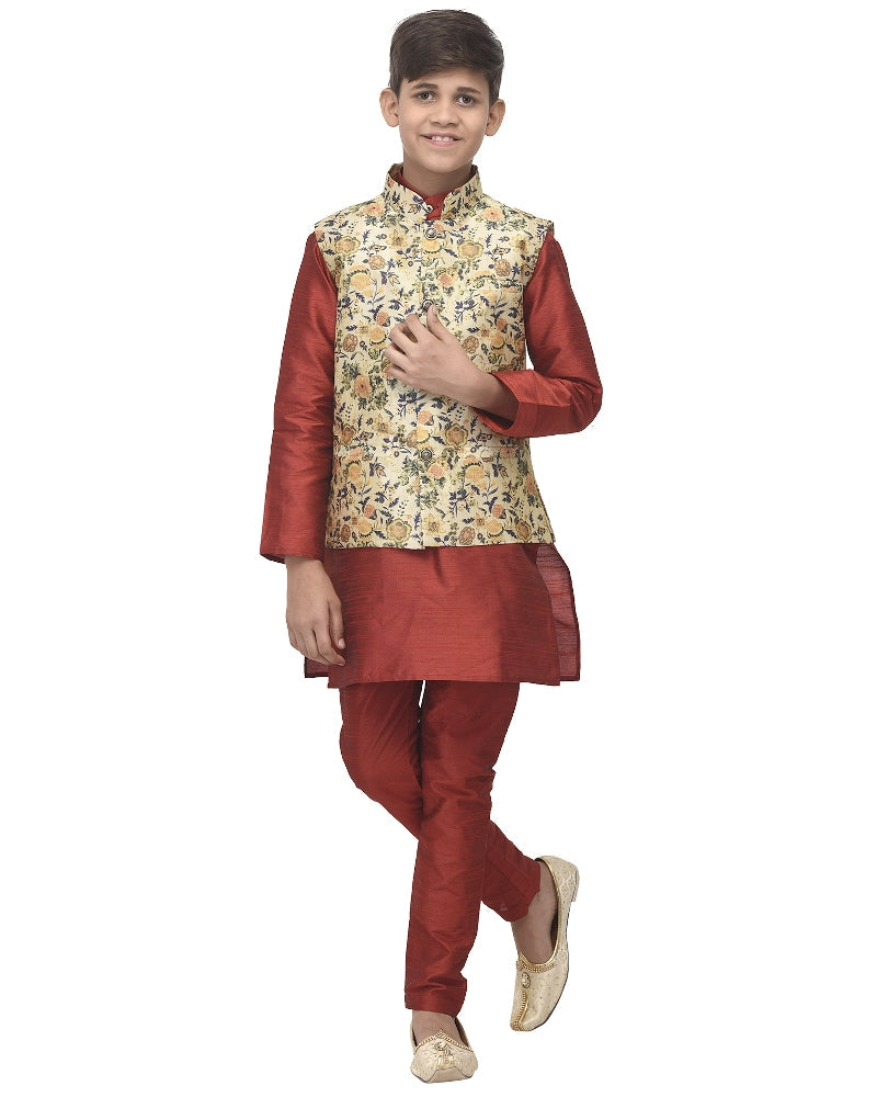 Boy's Maroon Kurta Pyjama & Lime Green Printed Nehrujacket - Benstoke KIDS