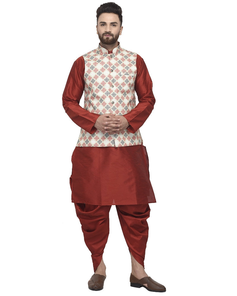 Men's Maroon Kurta With Dhoti & Green Printed Nehru Jacket - Benstoke