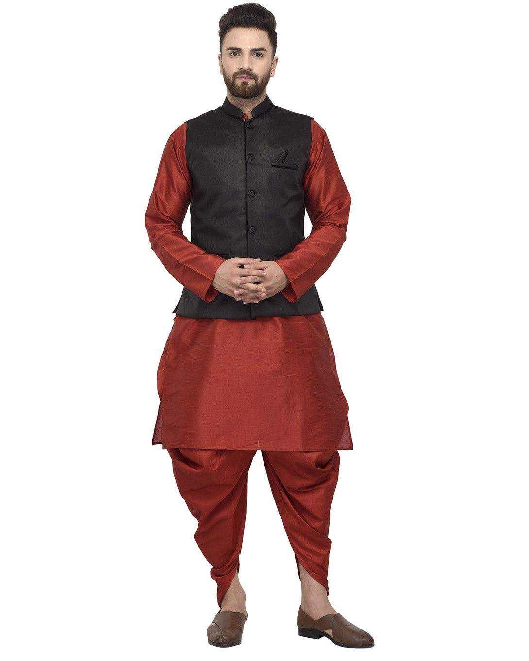 Men's Maroon Kurta With Dhoti & Black Solid Nehru Jacket - Benstoke - Indiakreations