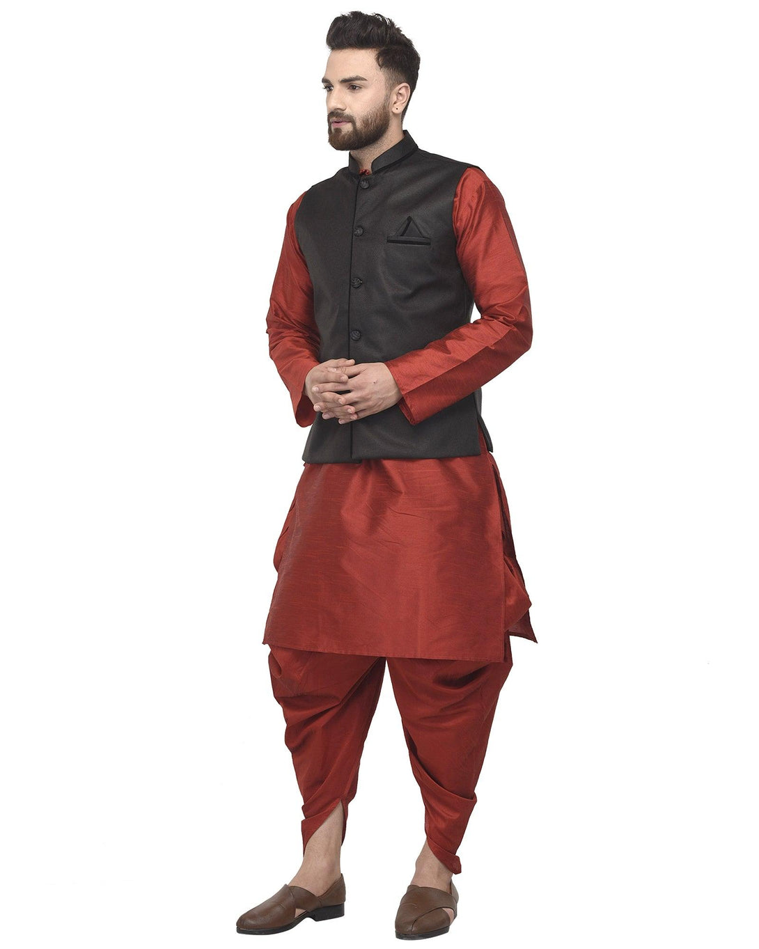 Men's Maroon Kurta With Dhoti & Black Solid Nehru Jacket - Benstoke - Indiakreations