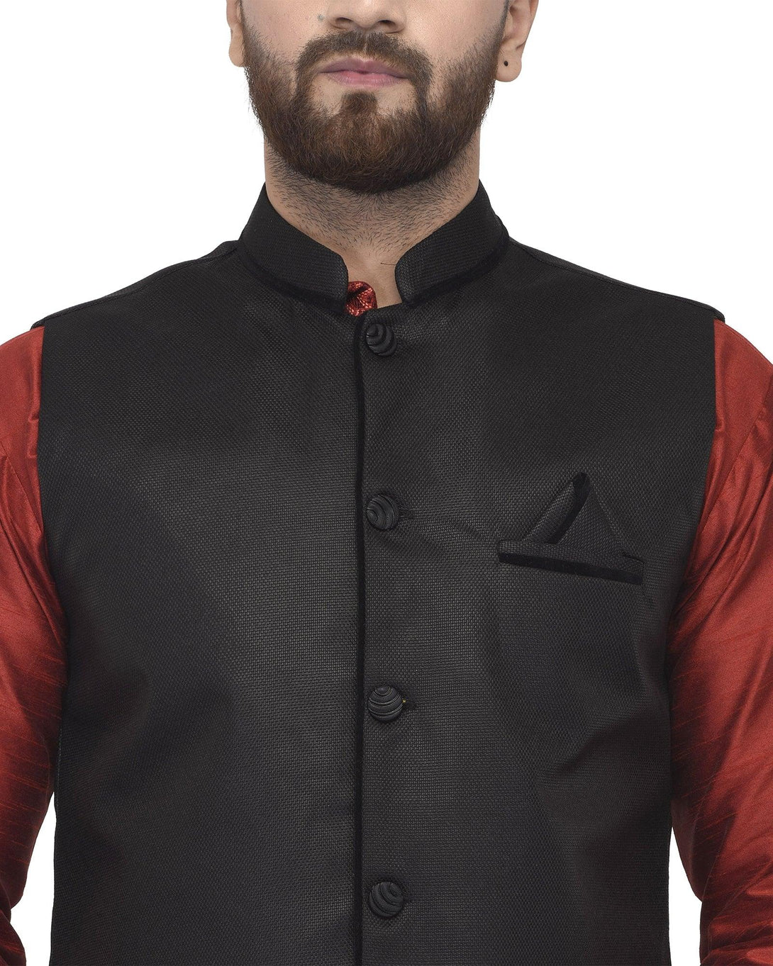 Men's Maroon Kurta With Dhoti & Black Solid Nehru Jacket - Benstoke - Indiakreations