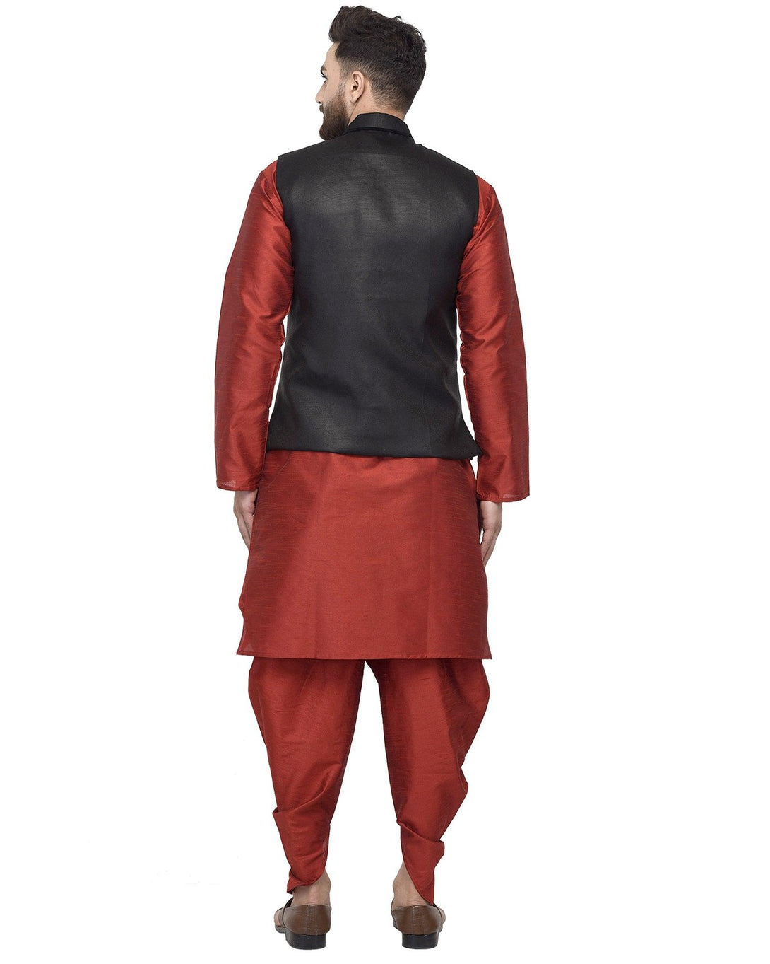 Men's Maroon Kurta With Dhoti & Black Solid Nehru Jacket - Benstoke - Indiakreations