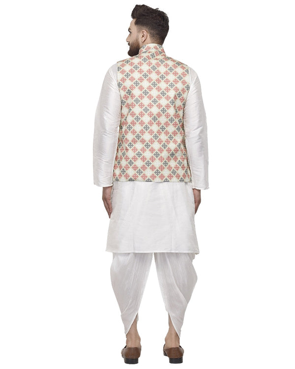 Men's White Kurta With Dhoti & Green Printed Nehru Jacket - Benstoke