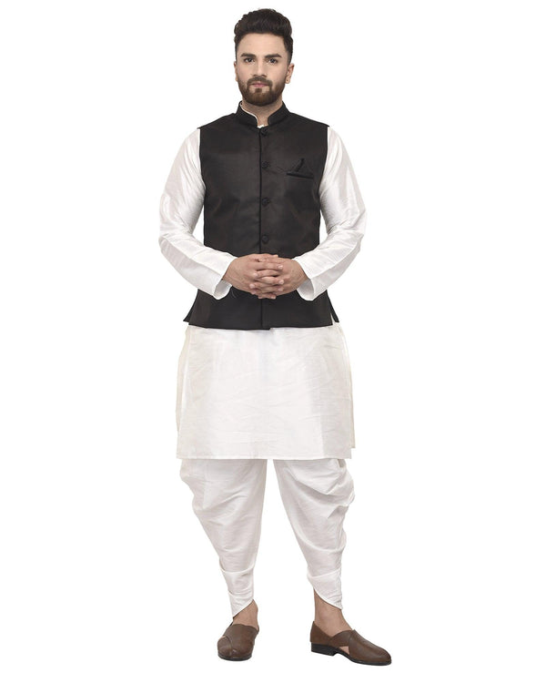 Men's White Kurta With Dhoti & Black Solid Nehru Jacket - Benstoke - Indiakreations