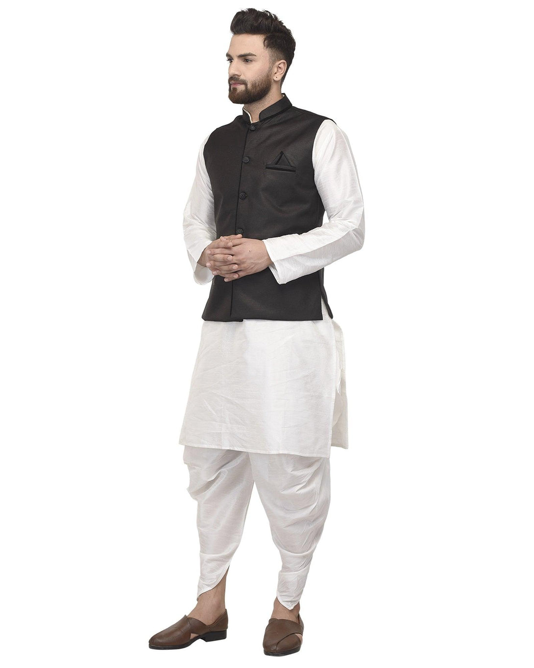 Men's White Kurta With Dhoti & Black Solid Nehru Jacket - Benstoke - Indiakreations