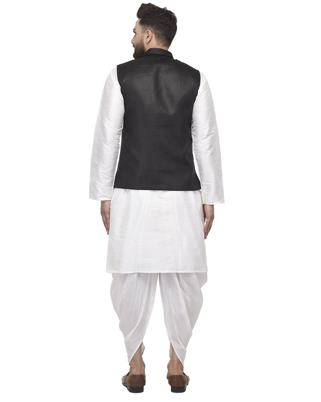 Men's White Kurta With Dhoti & Black Solid Nehru Jacket - Benstoke - Indiakreations